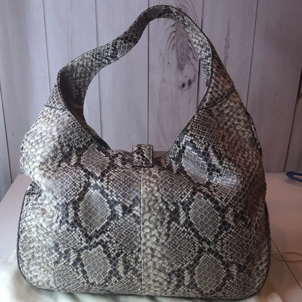 NWOT G.I.L.I. Soft Leather Python Print Large Hobo Shoulder Bag with Tassel